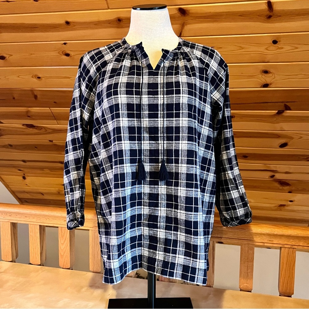 Madewell Navy Blue Plaid Long Sleeve V-Neck Cotton Linen Relaxed Fit Blouse Sz S